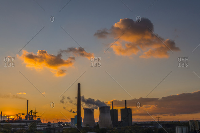 View to steel mill and Huckingen gas power station by twilight