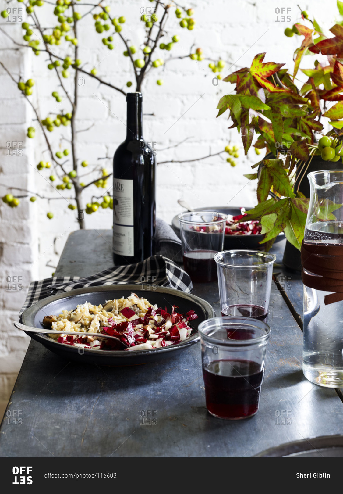 Mushroom risotto with shredded red cabbage salad stock photo OFFSET
