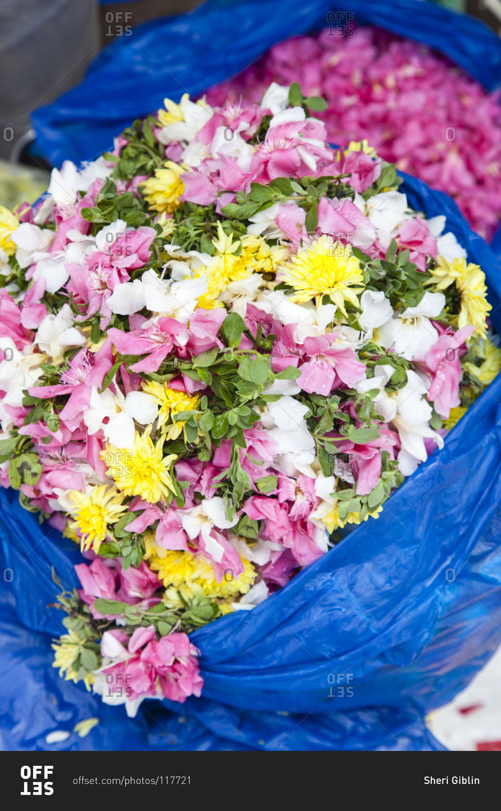 Bags filled with flowers at an Indian flower market