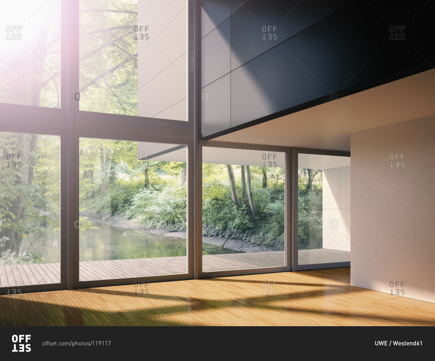 Interior of modern living room with view on brook, 3D rendering