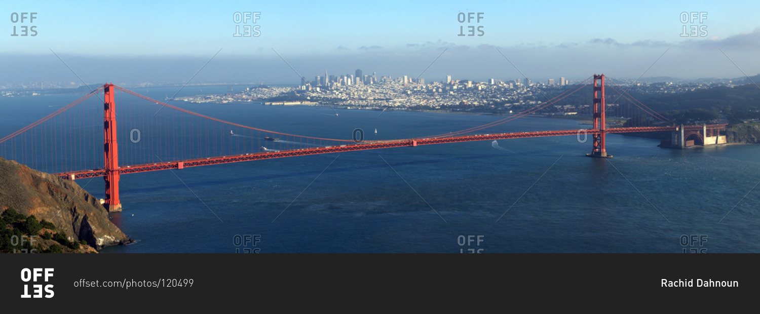 Panorama of the Golden Gate Bridge and San Francisco as seen from the Marin Headlands in the Golden Gate National Recreation Area, California