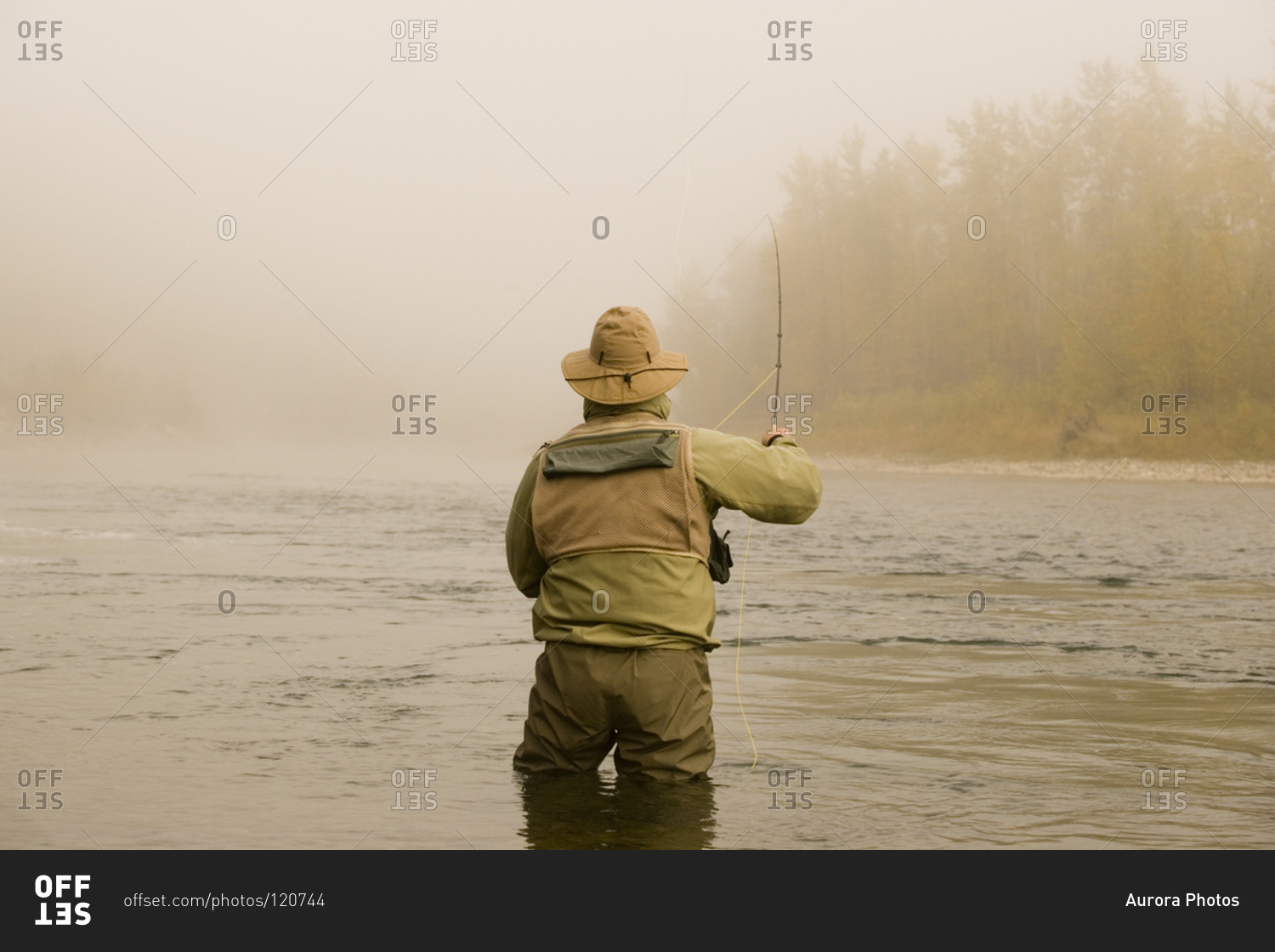 A man fly-fishing on Elk River BC Canada.