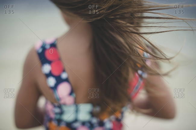 Back view of a girl with windblown hair