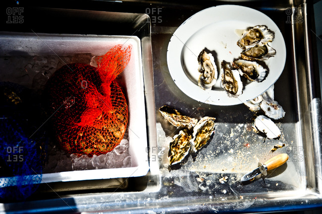 Halving fresh oysters