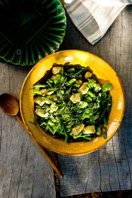 Spring vegetable saute served on a table
