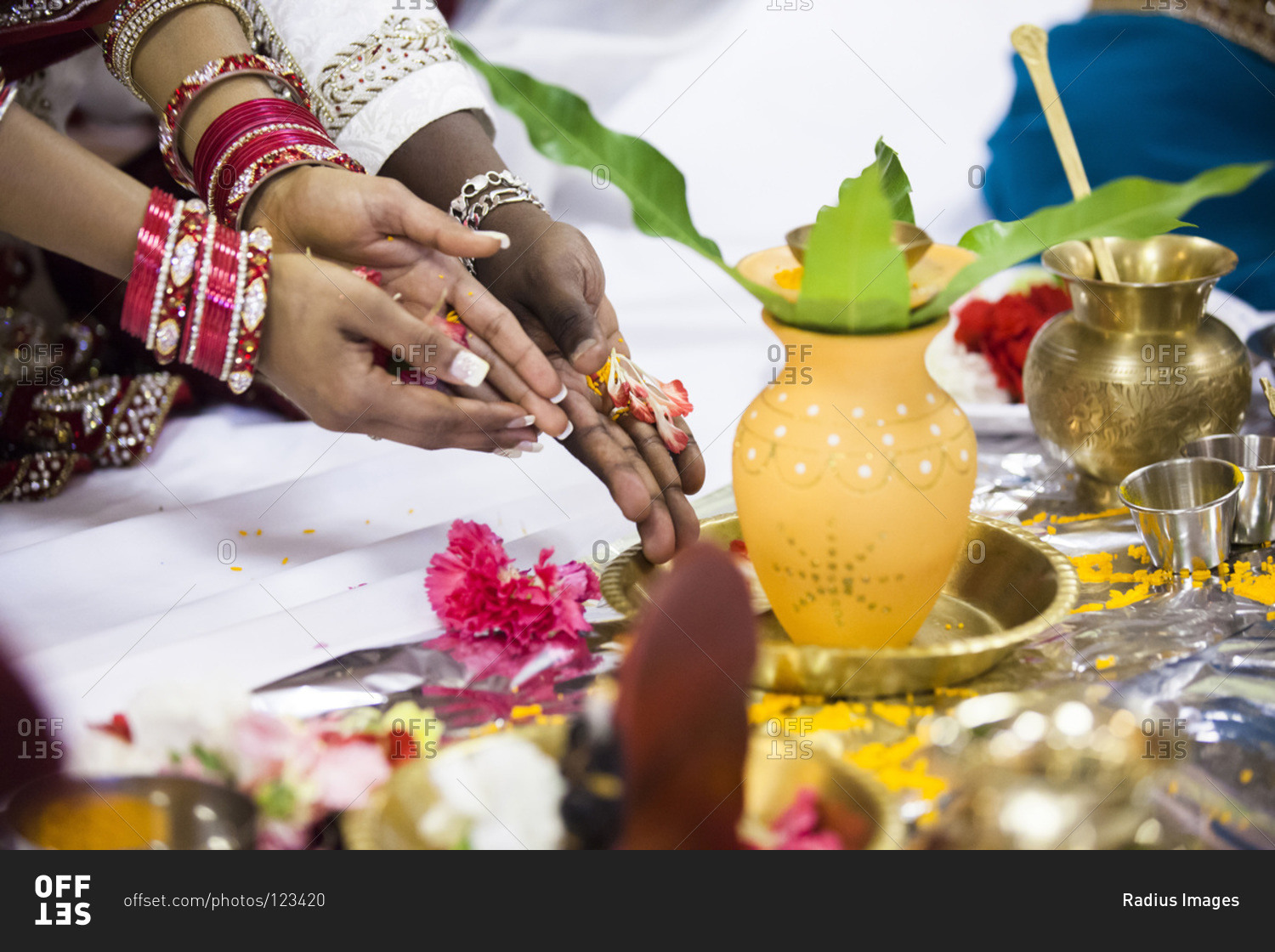 Close-up of bride and groom's hands at Hindu wedding ceremony, Toronto, Ontario, Canada