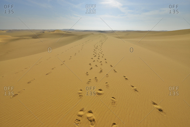 Footprints on sand dune, Matruh Governorate, Libyan Desert, Sahara Desert, Egypt, Africa