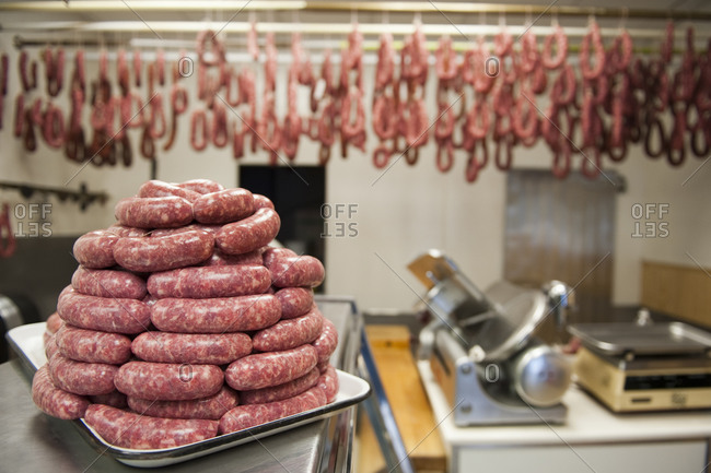 A display of sausage links in an Italian deli in Queens, NY
