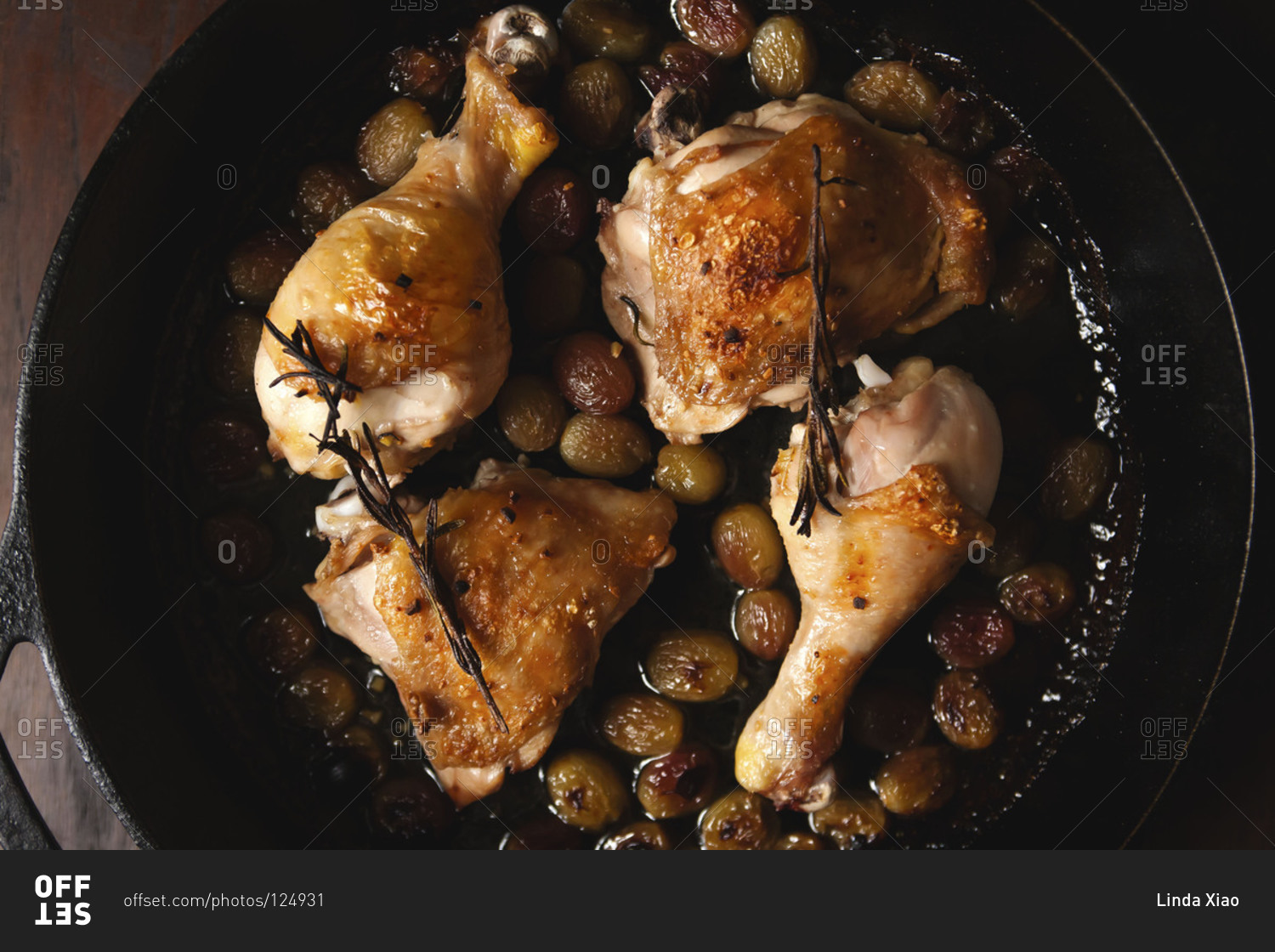 Roasted chicken thighs in a skillet