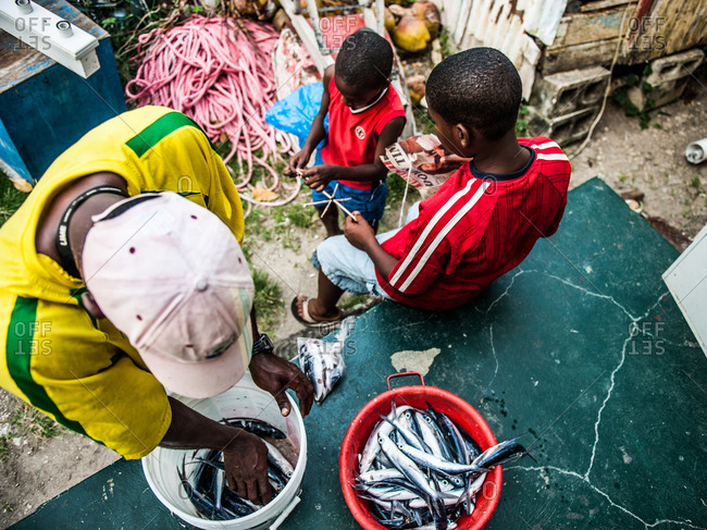 Barbados - May 19, 2008: High angle view man selecting freshly caught fish