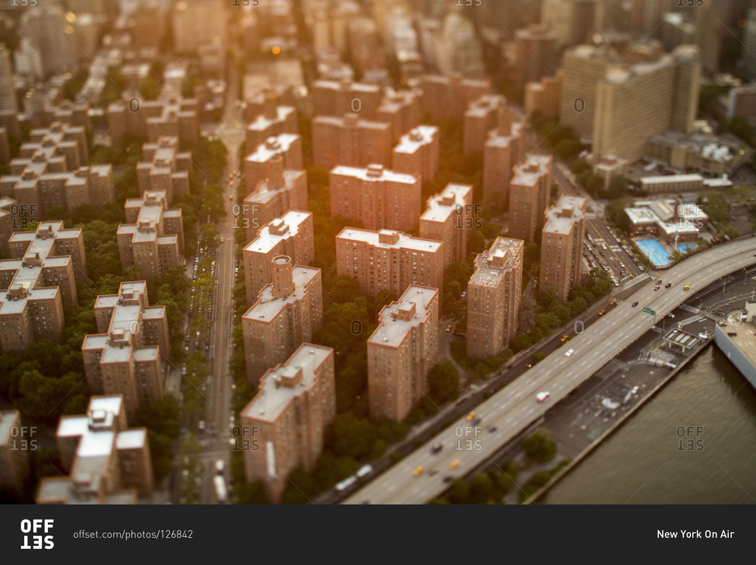 Aerial view of the Stuyvesant Town-Peter Cooper Village at sunset in New York City, USA