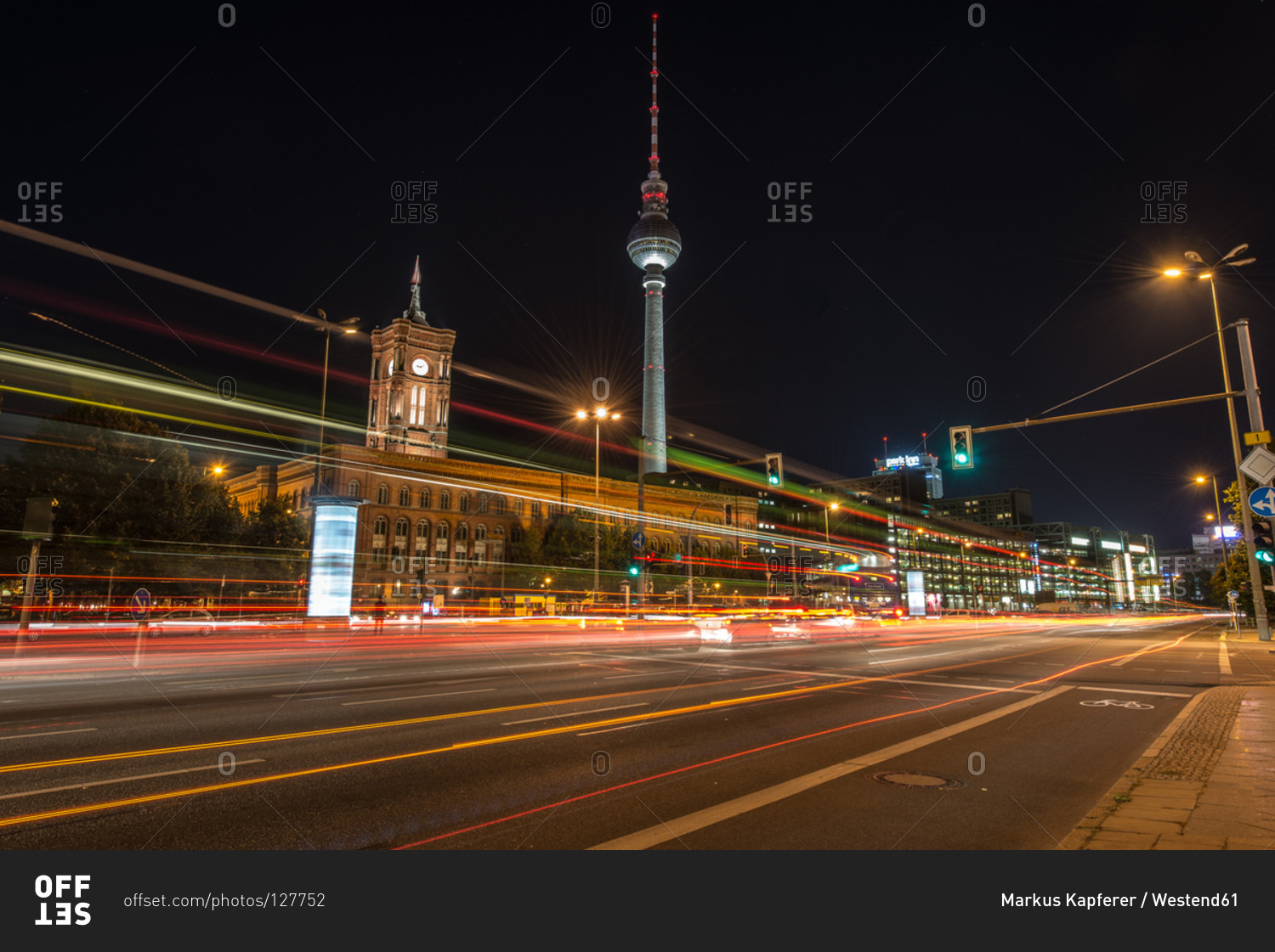 Berlin TV Tower and Red Town Hall at Alexanderplatz at night