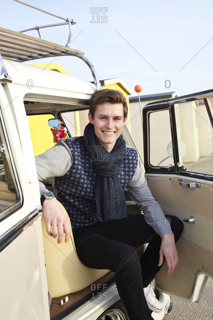 Portrait of a young boy sitting on front passenger seat
