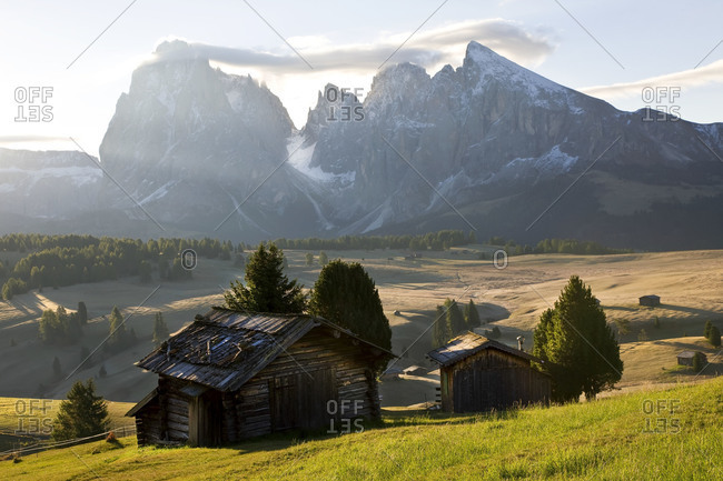 Mountain cabins, South Tyrol, Bolzano district, Alpe di Siusi, Italy