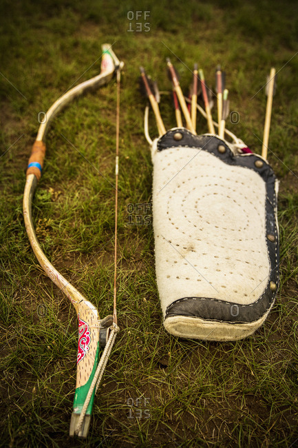Mongolian quiver and bow on grass