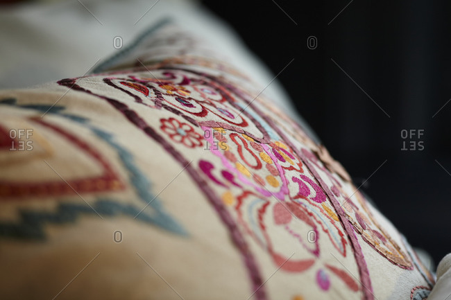 Close up of embroidered cushion