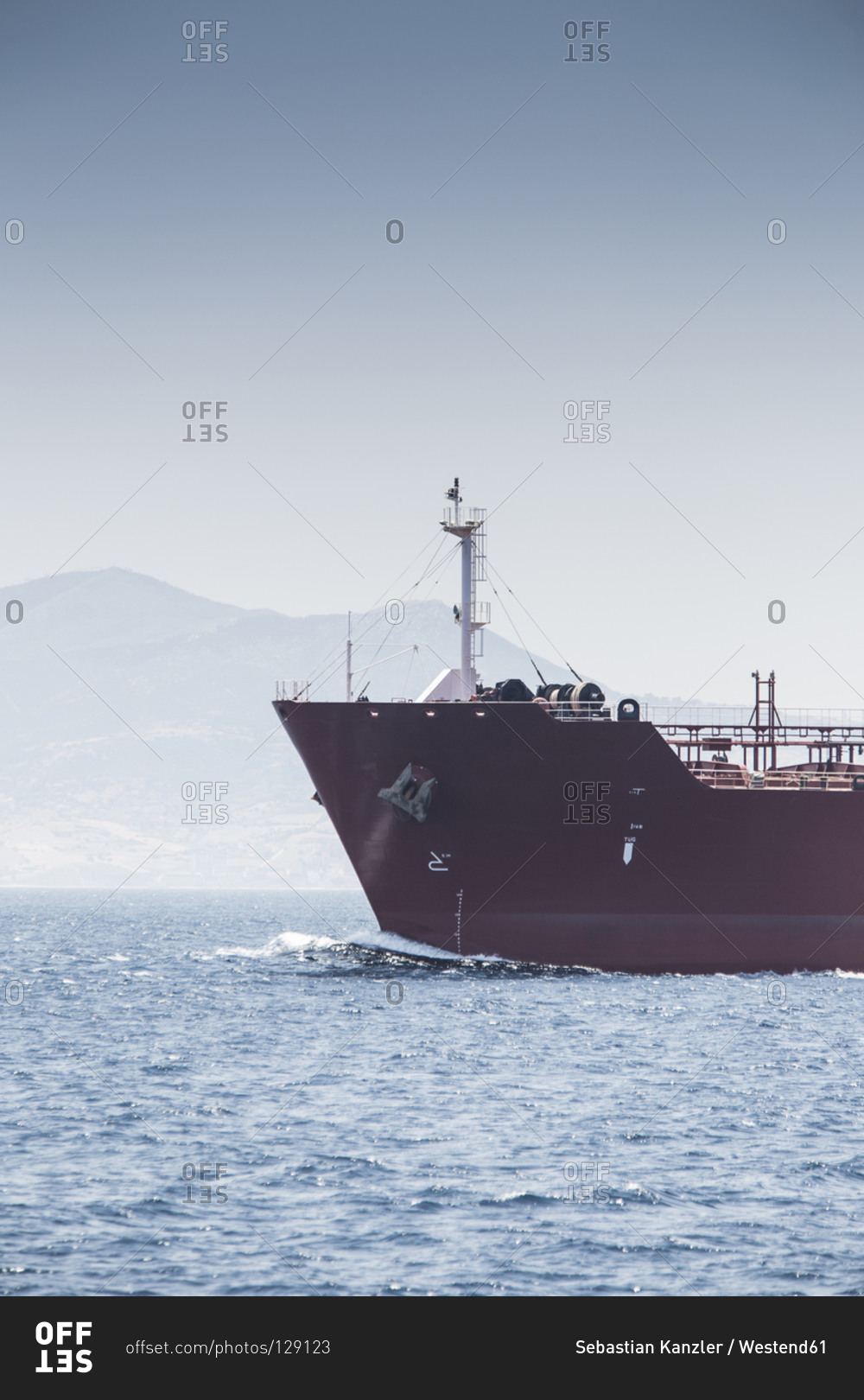 Ship's bow and cargo ship, Strait of Gibraltar, Spain