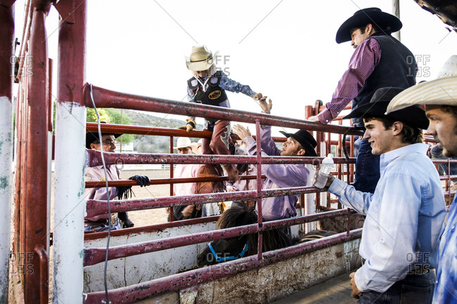 New Mexico, USA - May 11, 2013: Young boy preparing to bronc riding in Truth or Consequences, New Mexico, USA