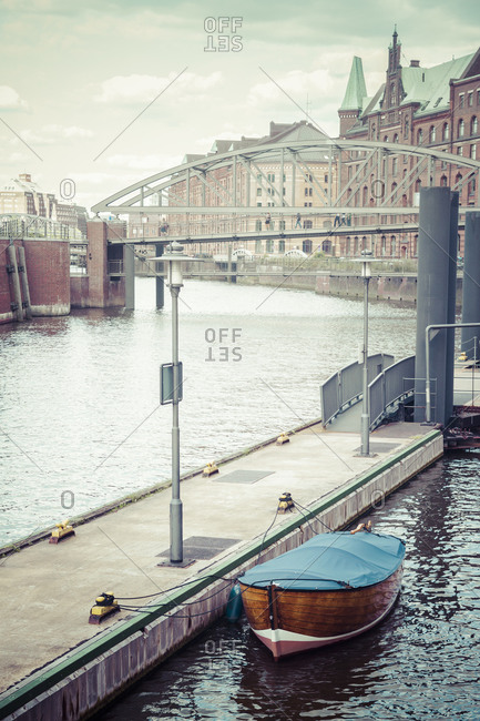 Old Warehouse District and lonely boat, Hamburg