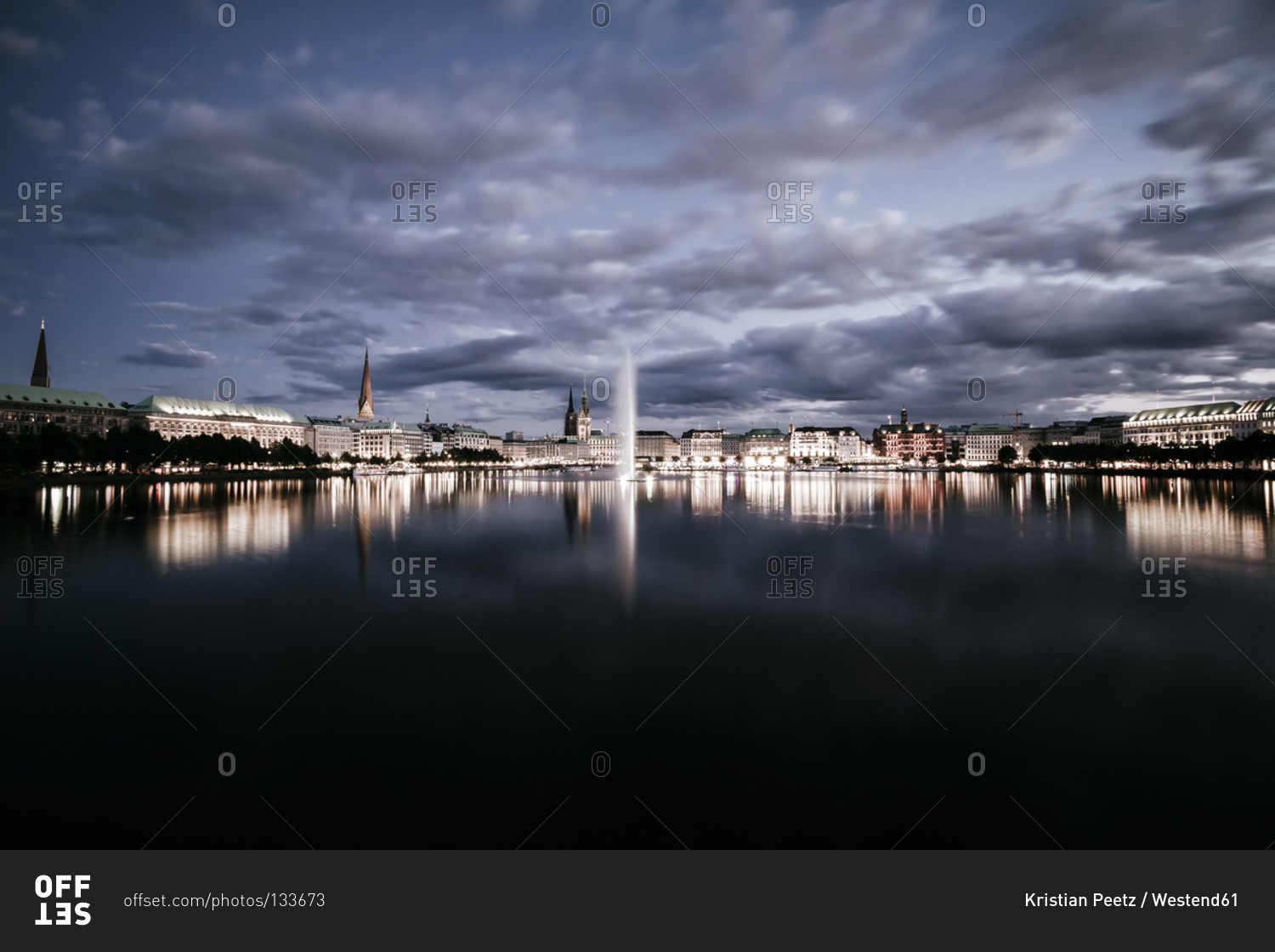 Inner Alster and Alster fountain at night, Hamburg