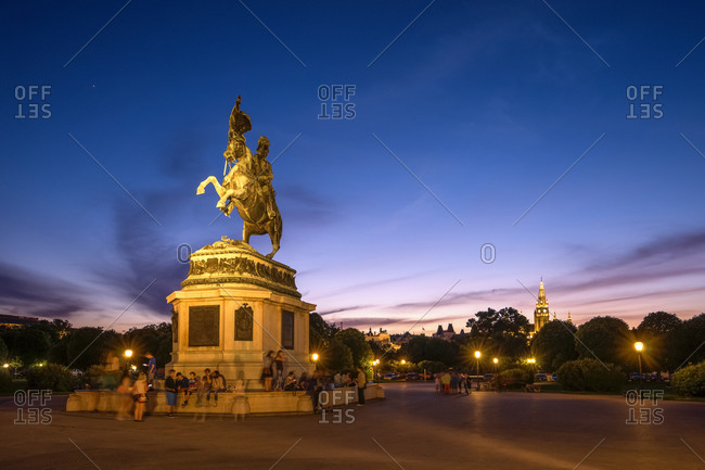 Equestrian statue of Archduke Charles at Heldenplatz in the evening