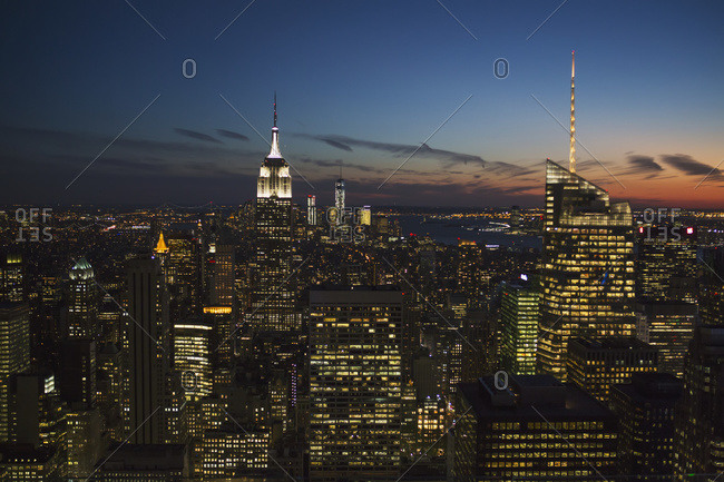 New York, USA - September 17, 2014: New York City buildings illuminated at nighttime