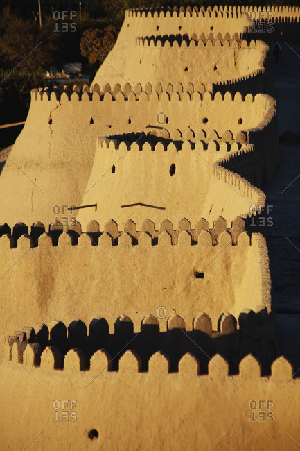 Western walls at sunset, Ichan Kala Old City, Khiva, Kizilkum desert, Khwarezm region, Uzbekistan