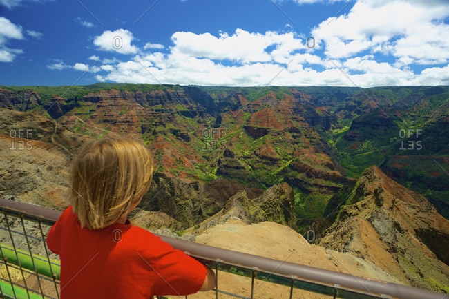 A child looks over a railing at Waimea Canyon