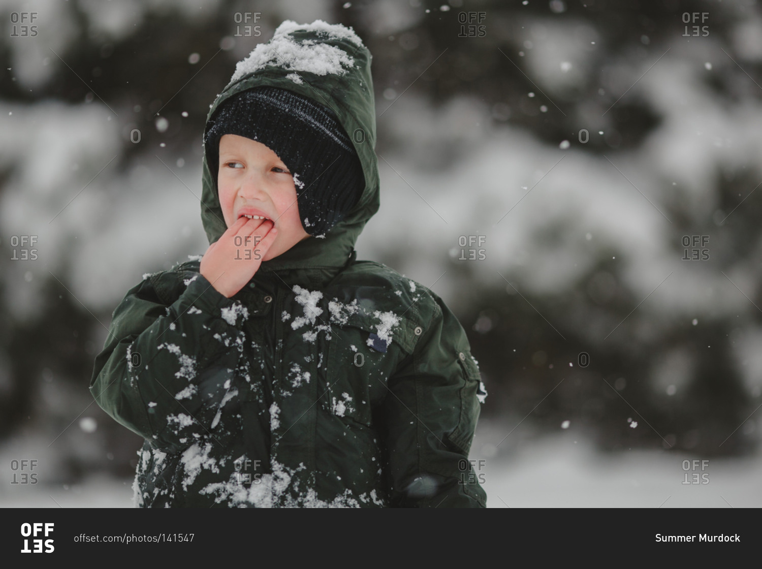 Boy in snowsuit eating snow outside