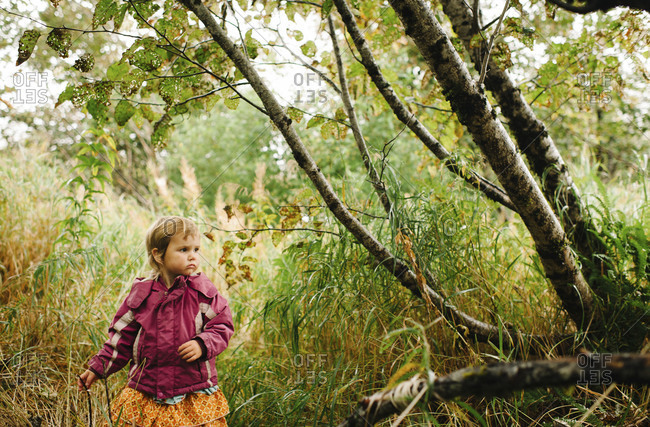 Young girl walking in a forest