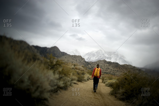 Walking alone in desert environment with grey clouds above, California, USA