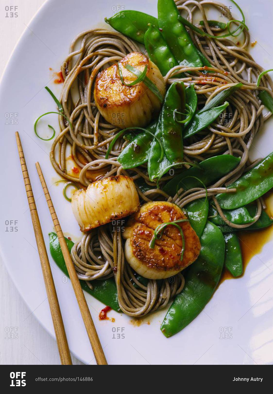 Seared scallops with snow peas and soba noodles