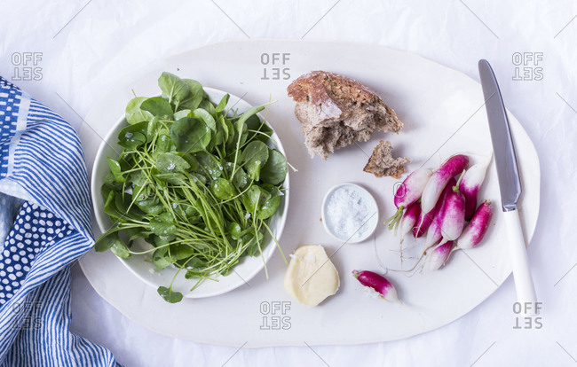 Spring salad served with bread and radish