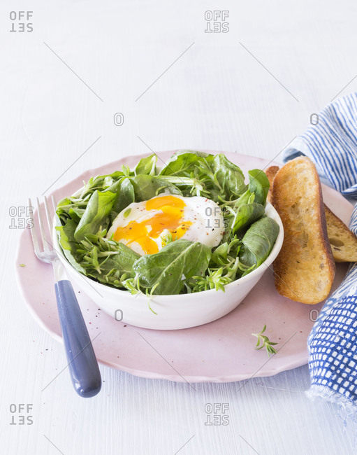 Spring salad and poached egg served on a table