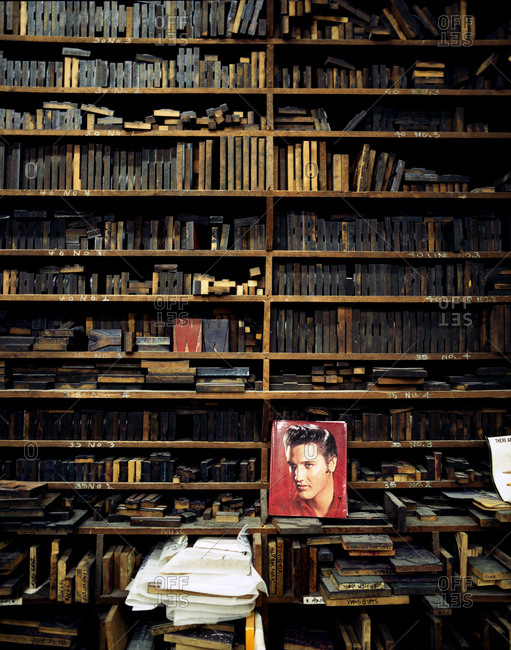 Nashville, Tennessee - February 1, 2012: Old wood block fonts and a book of Elvis