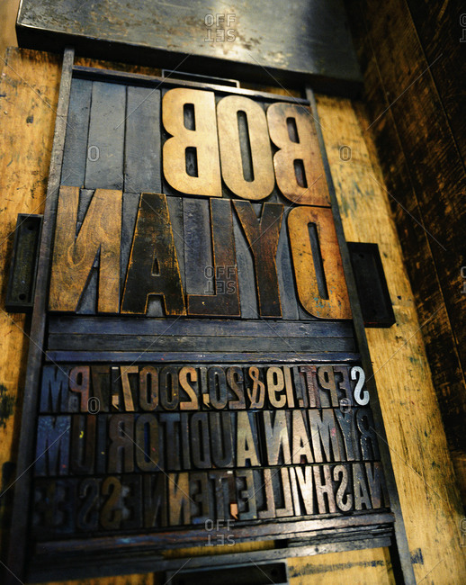 Nashville, Tennessee - March 12, 2008: Old wood block lettering for a Bob Dylan show