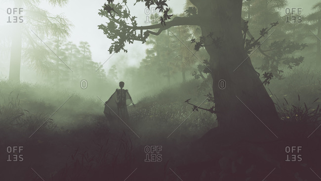 Silhouette of spooky dead corpse walking on path in misty forest Backlit