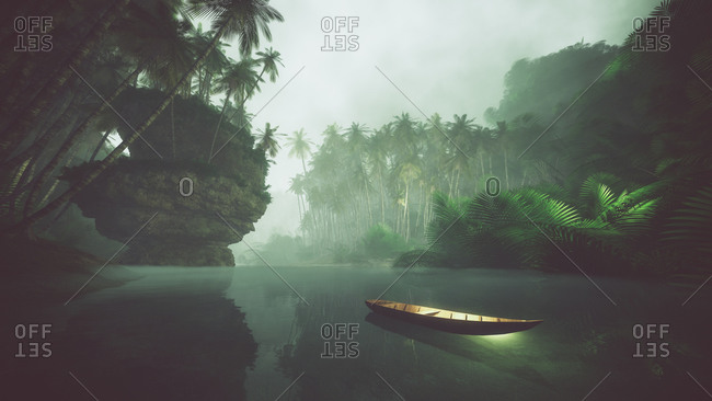 Wooden kayaks on misty lake in jungle with palms