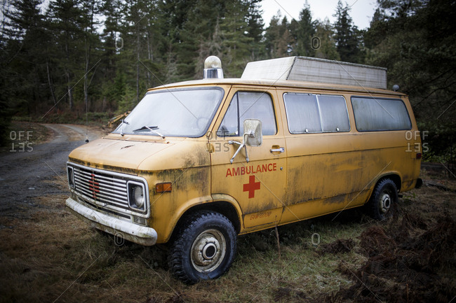 Retired and abandoned ambulance in the woods in British Columbia, Canada