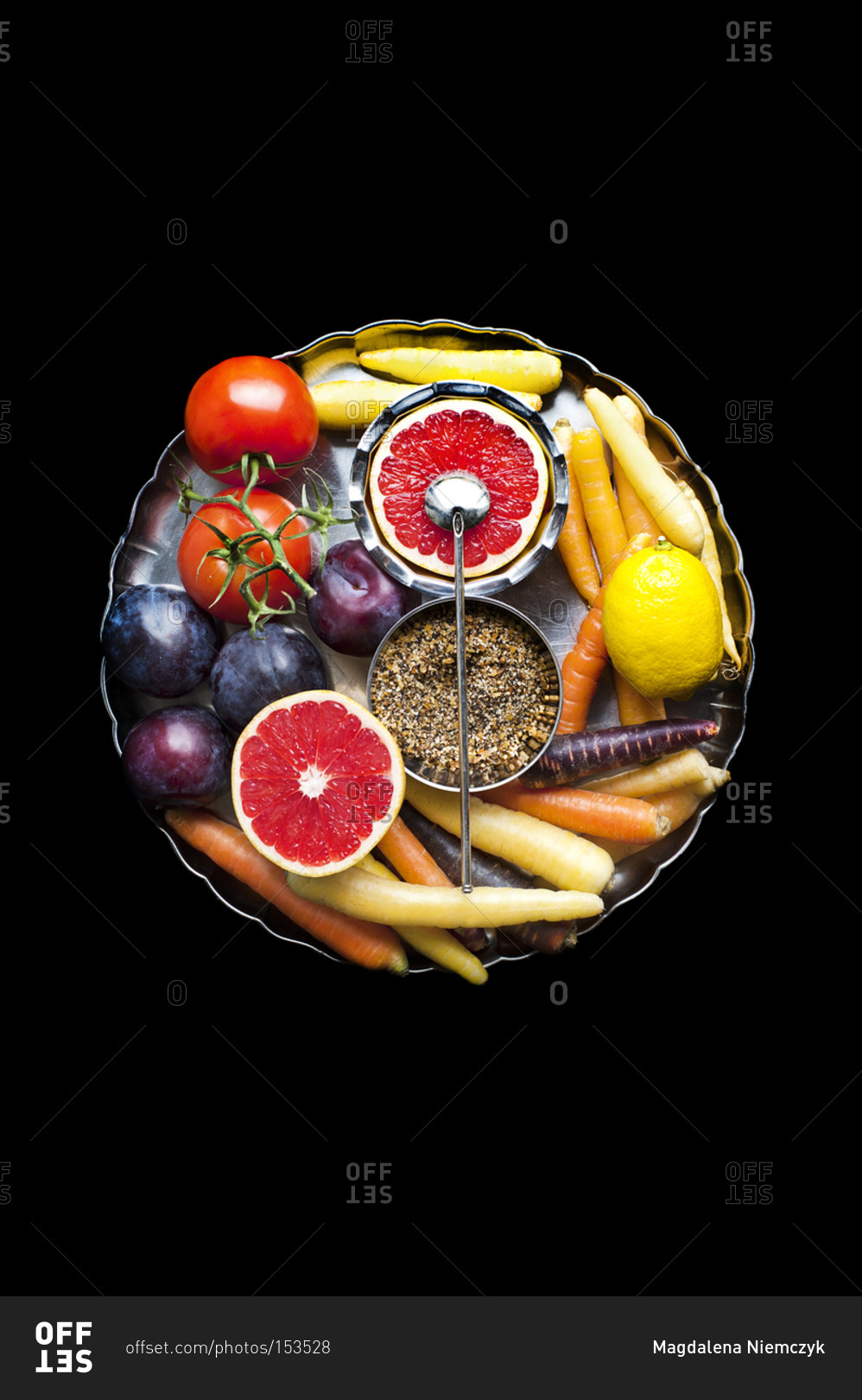 Top view of a plate full of fruits and vegetables