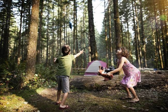 Children playing in a forest stock photo - OFFSET