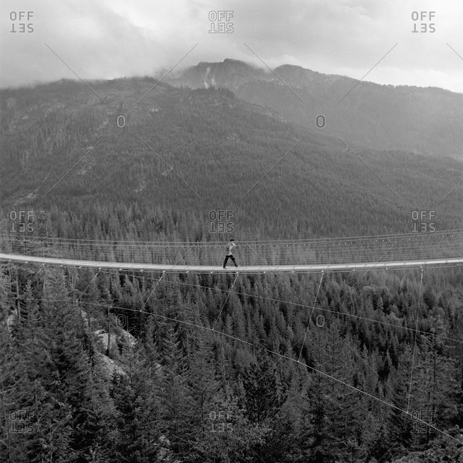 Mid distance of man crossing footbridge over forest