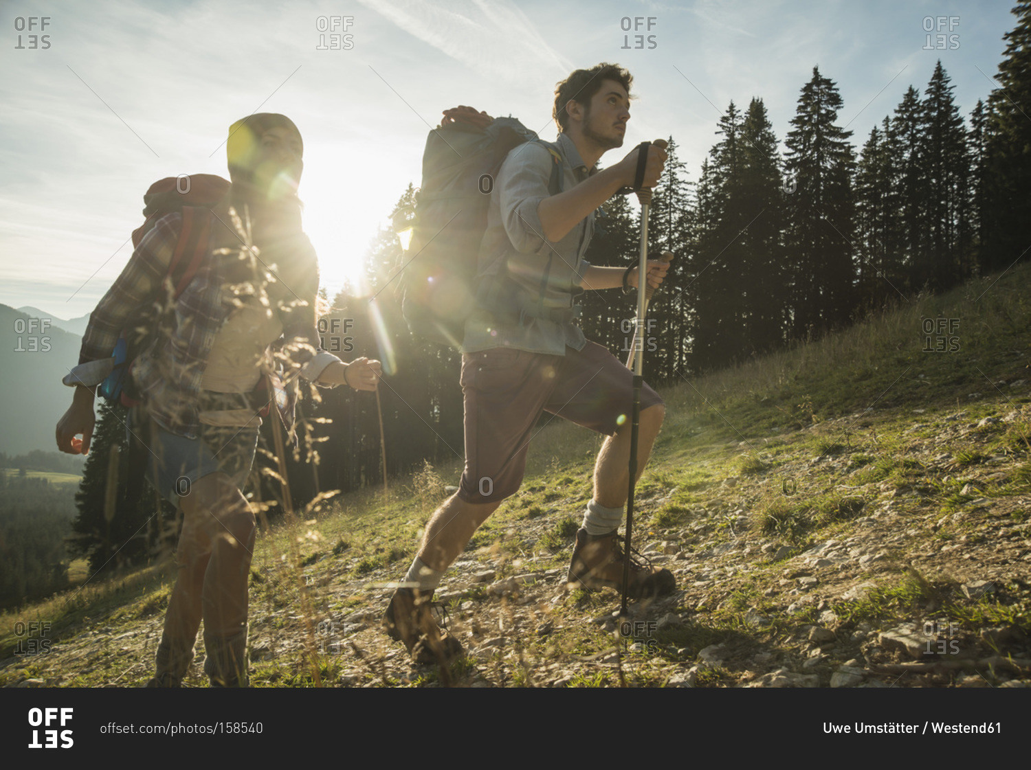 Young couple hiking in sunlight on alpine meadow, Tannheimer Tal,