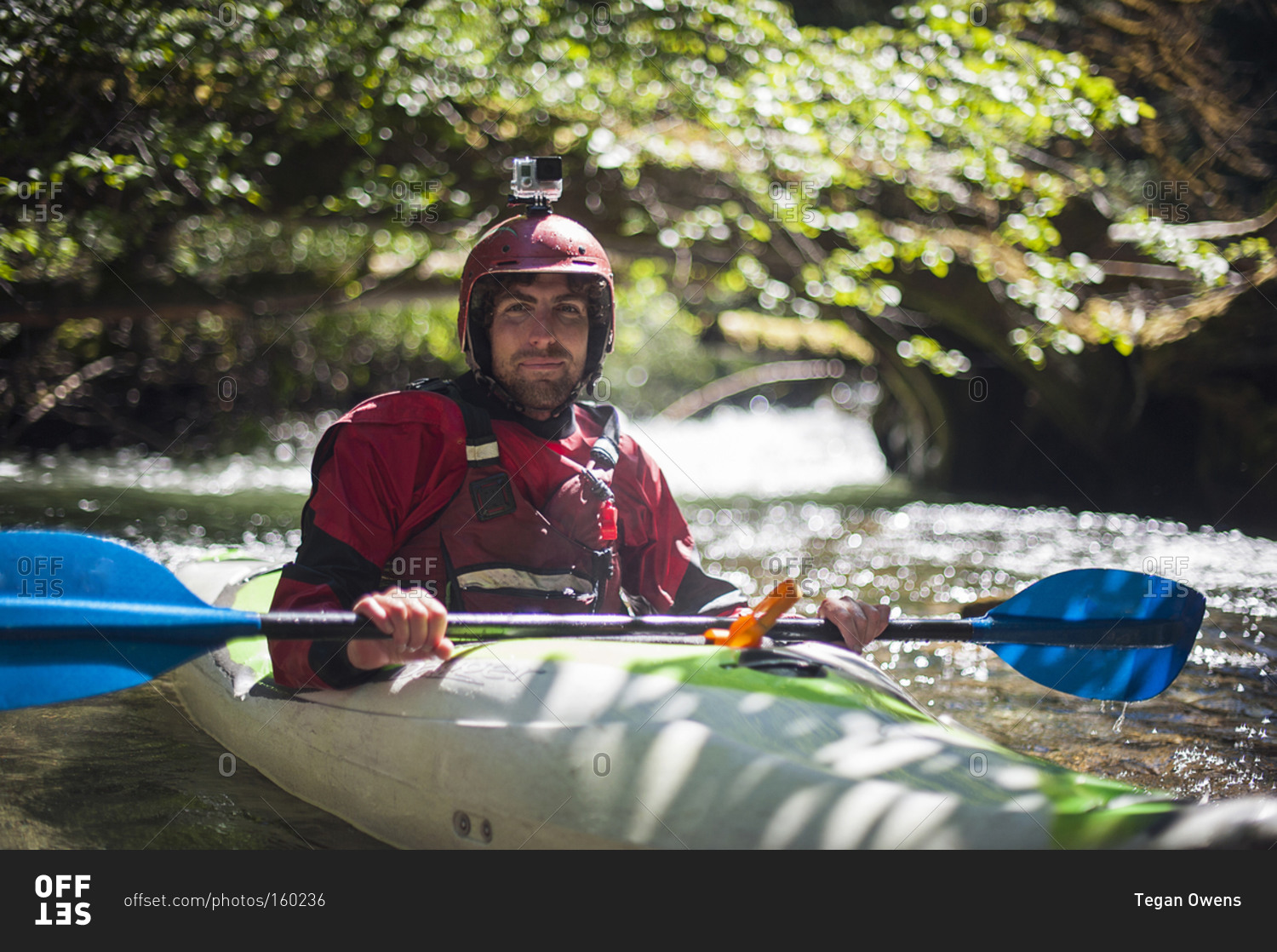 Man in kayak with camera attached on helmet