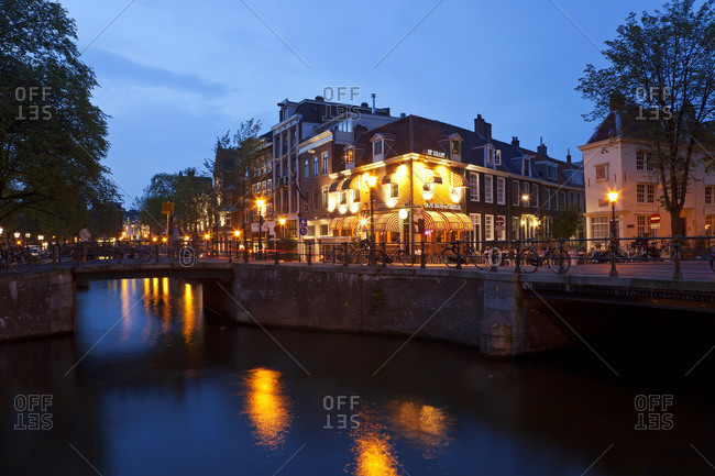 A canal in Amsterdam at nightfall, The Netherlands