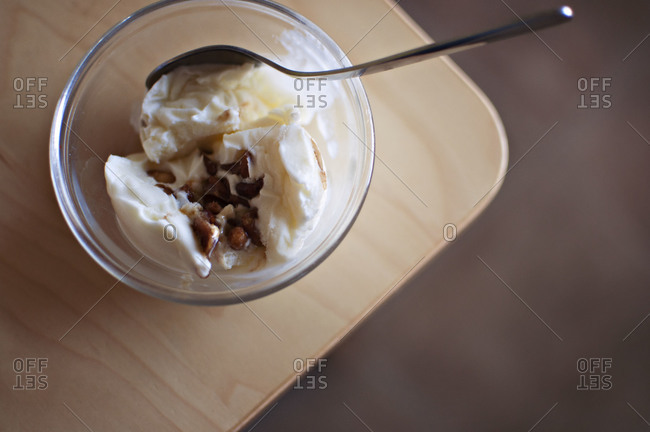 Overhead of ice cream with nuts