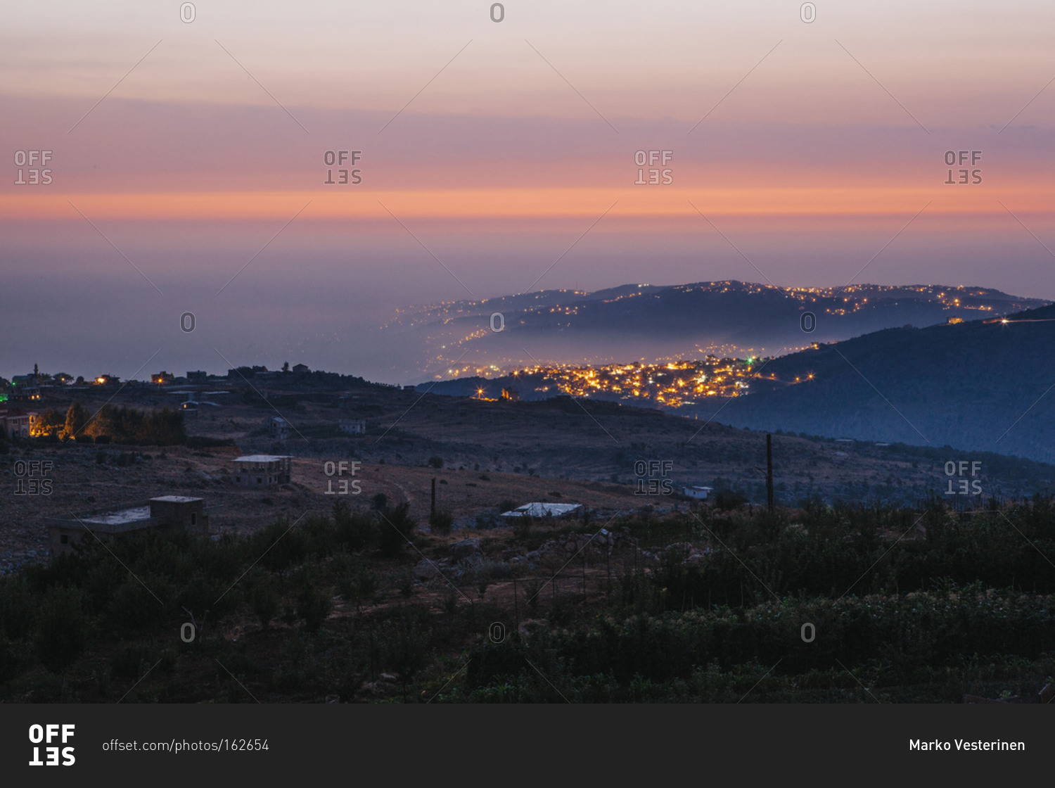 View of Broumana at sunset in Lebanon stock photo OFFSET
