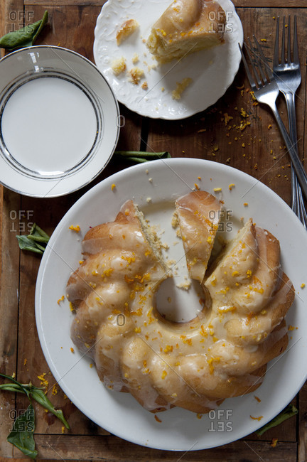 Overhead of sliced citrus Bundt cake