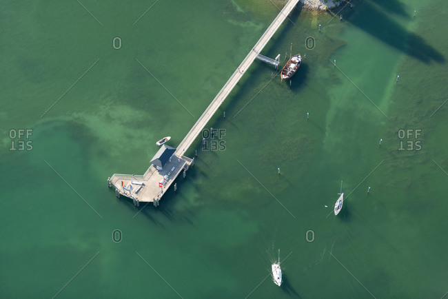 Aerial view of harbor mole, Lake Constance stock photo - OFFSET