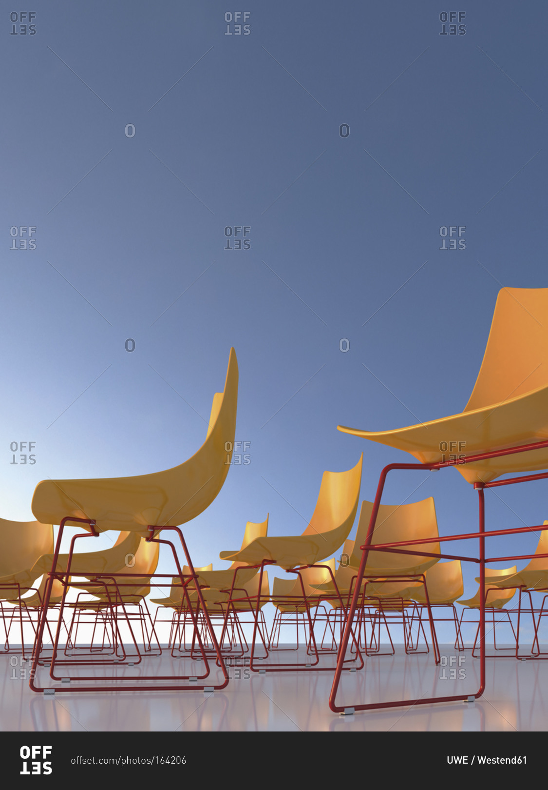 Chairs in front of blue sky, 3D Rendering
